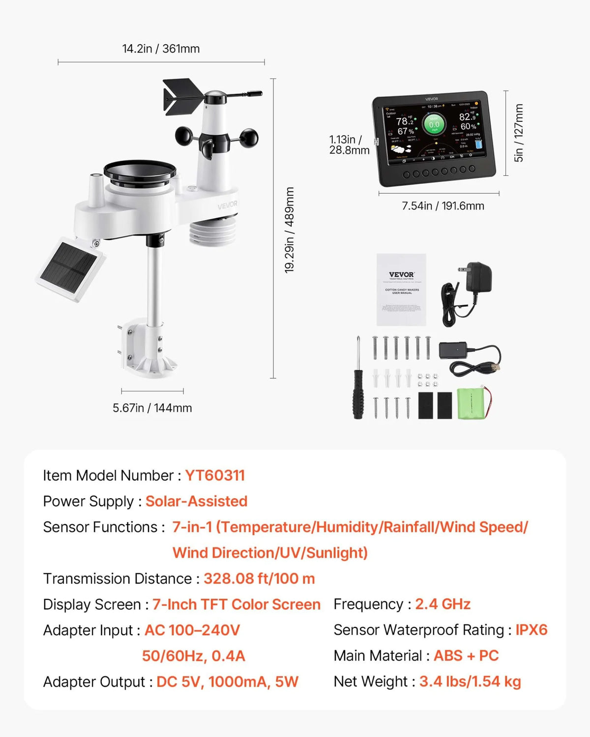 VEVOR 7-in-1 Wi-Fi Weather Station, 7-Inch TFT Display, Wireless Solar Powered Outdoor Sensor, Rain Gauge, Indoor Outdoor for Weather Forecast, Wind Speed Direction, Temperature, Humidity, Rainfall - View 6