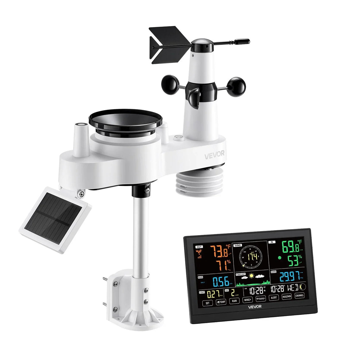 VEVOR 7-in-1 Wi-Fi Weather Station with APP, 7.5-Inch VA Display, Wireless Solar Powered Outdoor Sensor, Rain Gauge, Indoor Outdoor for Weather Forecast, Wind Speed, Temperature, Humidity, Rainfall