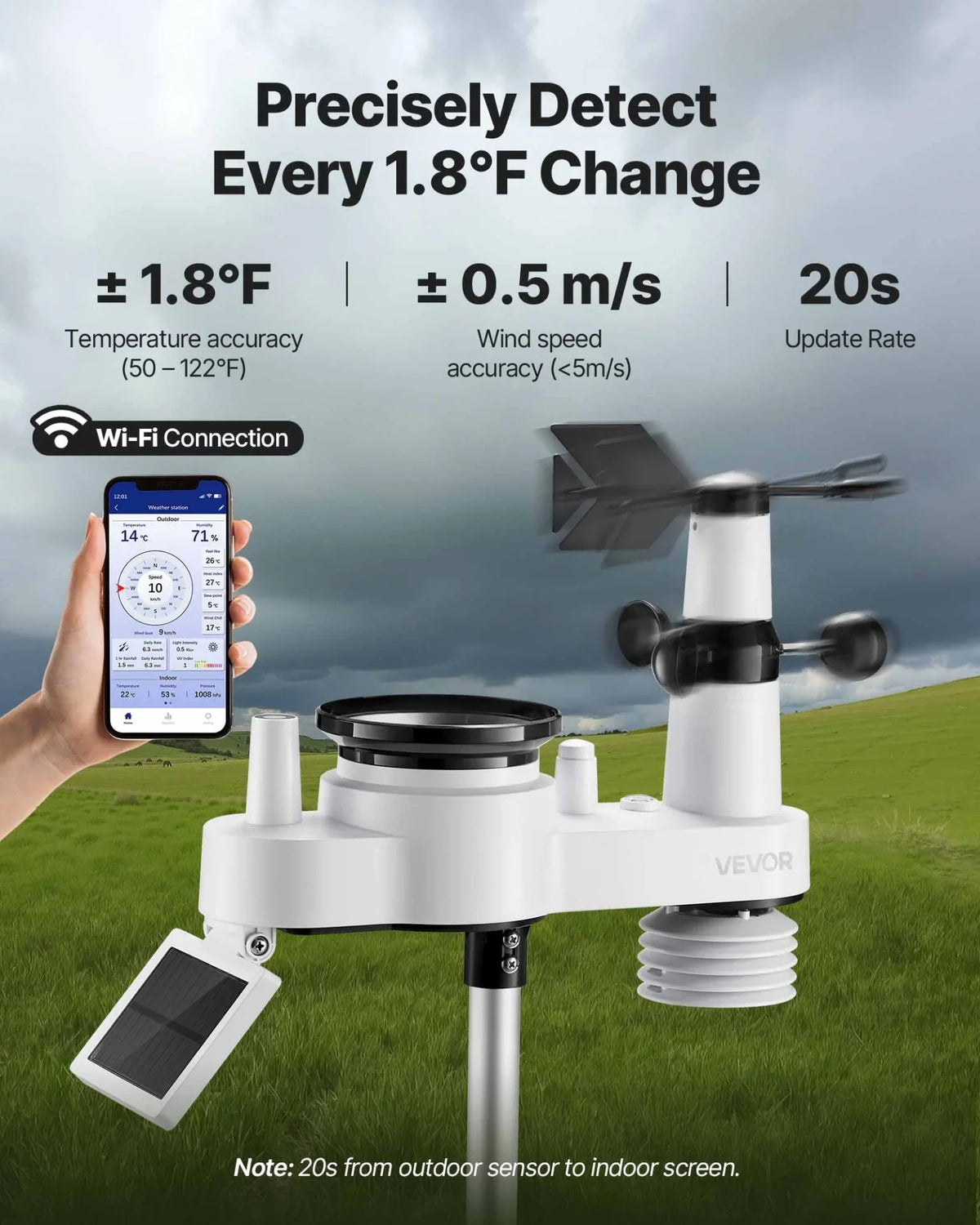VEVOR 7-in-1 Wi-Fi Weather Station with APP, 7.5-Inch VA Display, Wireless Solar Powered Outdoor Sensor, Rain Gauge, Indoor Outdoor for Weather Forecast, Wind Speed, Temperature, Humidity, Rainfall - View 3