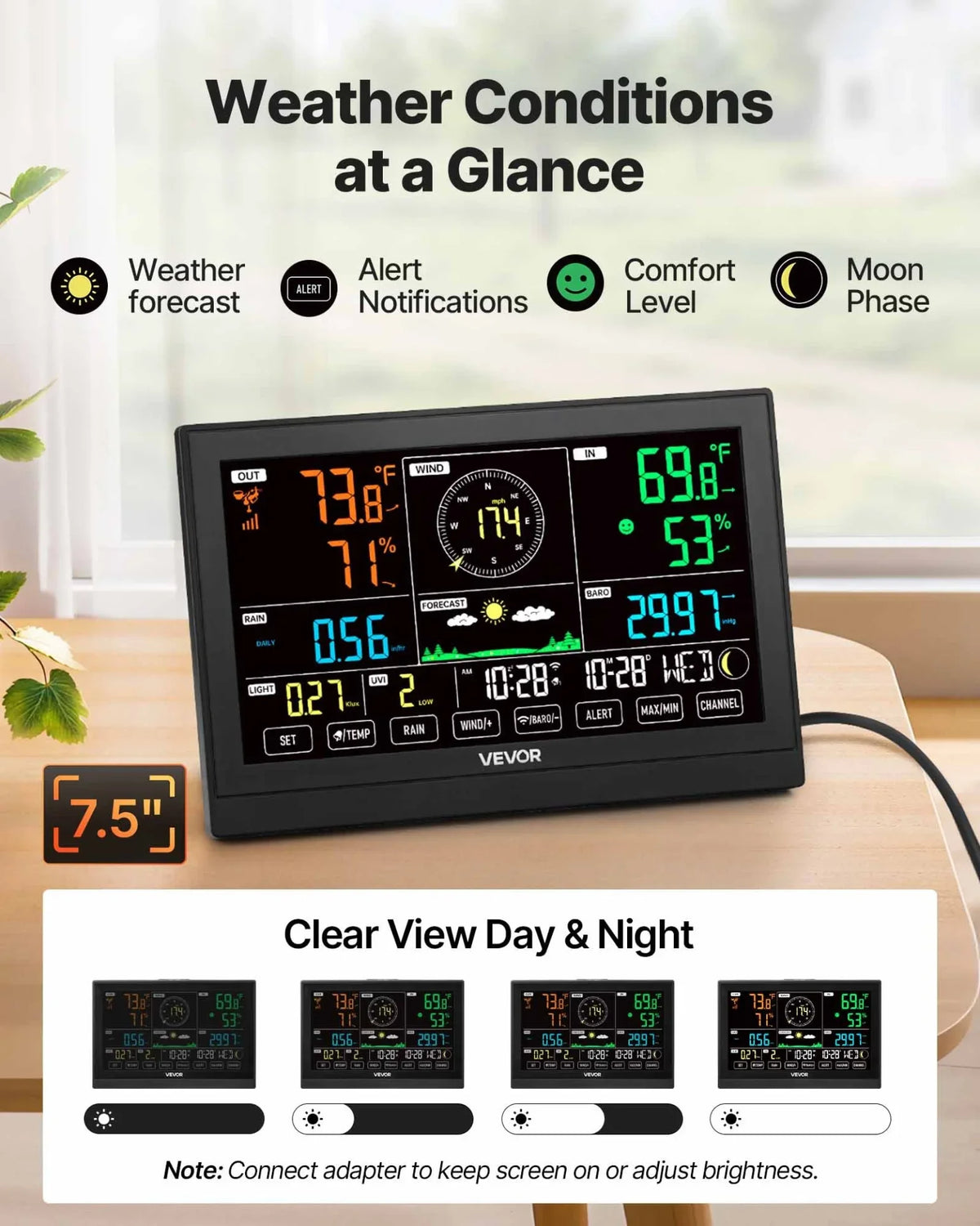 VEVOR 7-in-1 Wi-Fi Weather Station with APP, 7.5-Inch VA Display, Wireless Solar Powered Outdoor Sensor, Rain Gauge, Indoor Outdoor for Weather Forecast, Wind Speed, Temperature, Humidity, Rainfall - View 4