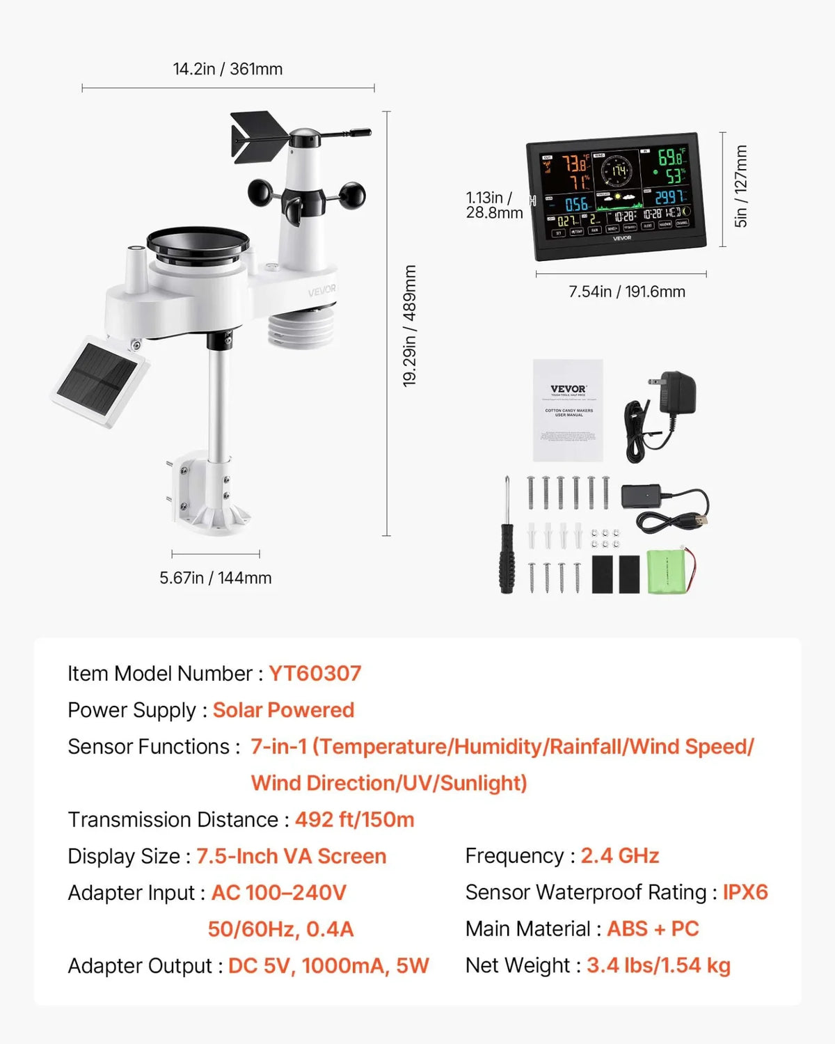VEVOR 7-in-1 Wi-Fi Weather Station with APP, 7.5-Inch VA Display, Wireless Solar Powered Outdoor Sensor, Rain Gauge, Indoor Outdoor for Weather Forecast, Wind Speed, Temperature, Humidity, Rainfall - View 6