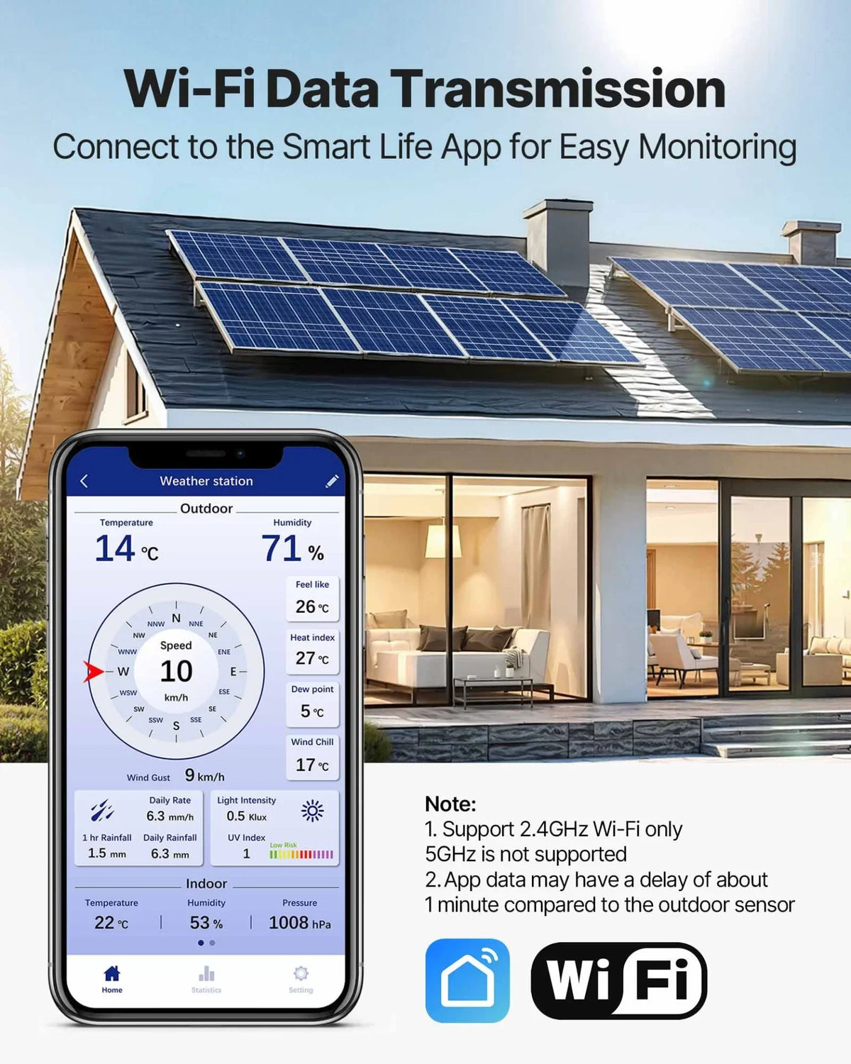 VEVOR 7-in-1 Wi-Fi Weather Station with APP, 7.5-Inch VA Display, Wireless Solar Powered Outdoor Sensor, Rain Gauge, Indoor Outdoor for Weather Forecast, Wind Speed, Temperature, Humidity, Rainfall - View 7