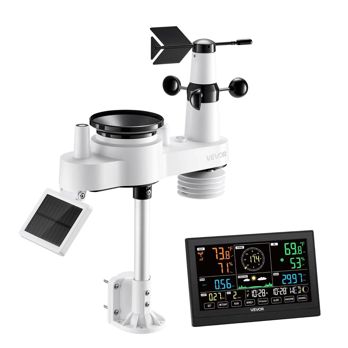 VEVOR 7-in-1 Wireless Weather Station, 7.5-Inch VA Display, Solar Powered Outdoor Sensor, Rain Gauge, Indoor Outdoor for Weather Forecast, Temperature, Humidity, Wind Speed and Direction (No WiFi)