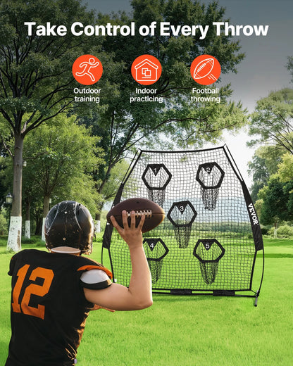 VEVOR 7 x 7 ft Football Trainer Throwing Net, Training Throwing Target Practice Net with 5 Target Pockets, Knotless Net Includes Straps and Portable Carry Case, Improve QB Throwing Accuracy, Black - View 2