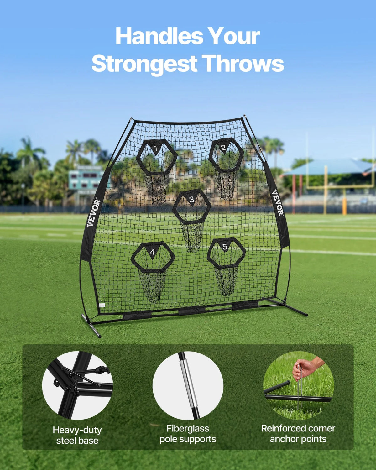 VEVOR 7 x 7 ft Football Trainer Throwing Net, Training Throwing Target Practice Net with 5 Target Pockets, Knotless Net Includes Straps and Portable Carry Case, Improve QB Throwing Accuracy, Black - View 4