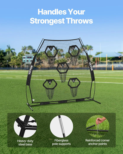 VEVOR 7 x 7 ft Football Trainer Throwing Net, Training Throwing Target Practice Net with 5 Target Pockets, Knotless Net Includes Straps and Portable Carry Case, Improve QB Throwing Accuracy, Black - View 4