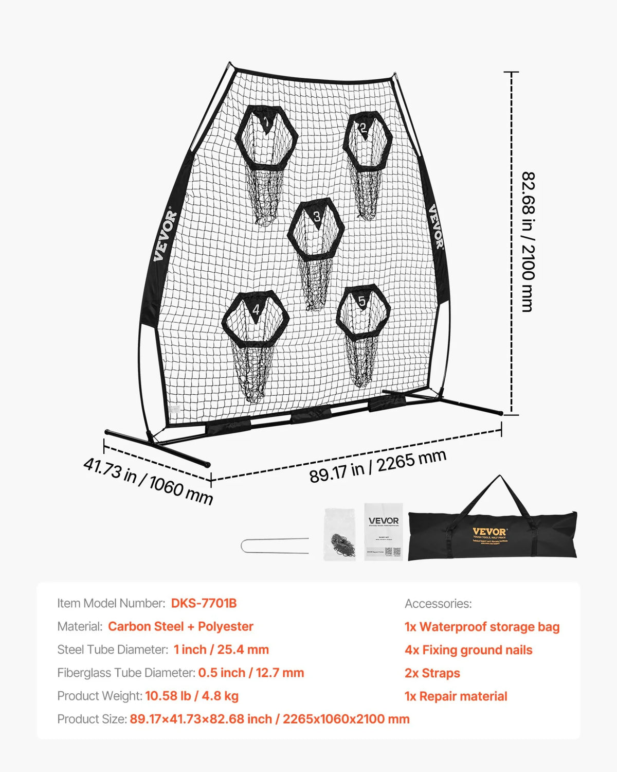 VEVOR 7 x 7 ft Football Trainer Throwing Net, Training Throwing Target Practice Net with 5 Target Pockets, Knotless Net Includes Straps and Portable Carry Case, Improve QB Throwing Accuracy, Black - View 7