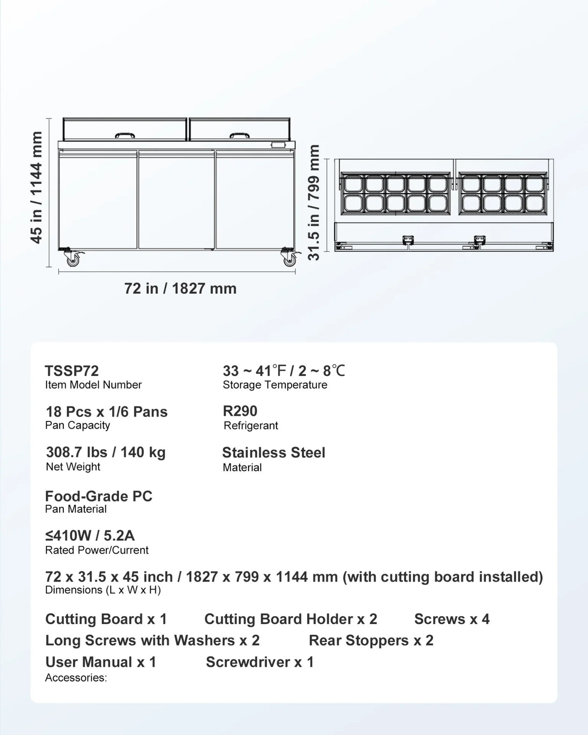 VEVOR 72"W Commercial Refrigerator, 18.7 Cu. Ft Sandwich Prep Refrigerated Table, Mega Top Food Prep Fridge with 18 Pans and Cutting Board, Stainless Steel Salad Prep Cooler for Restaurant, Food Truck - View 6