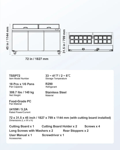 VEVOR 72"W Commercial Refrigerator, 18.7 Cu. Ft Sandwich Prep Refrigerated Table, Mega Top Food Prep Fridge with 18 Pans and Cutting Board, Stainless Steel Salad Prep Cooler for Restaurant, Food Truck - View 6