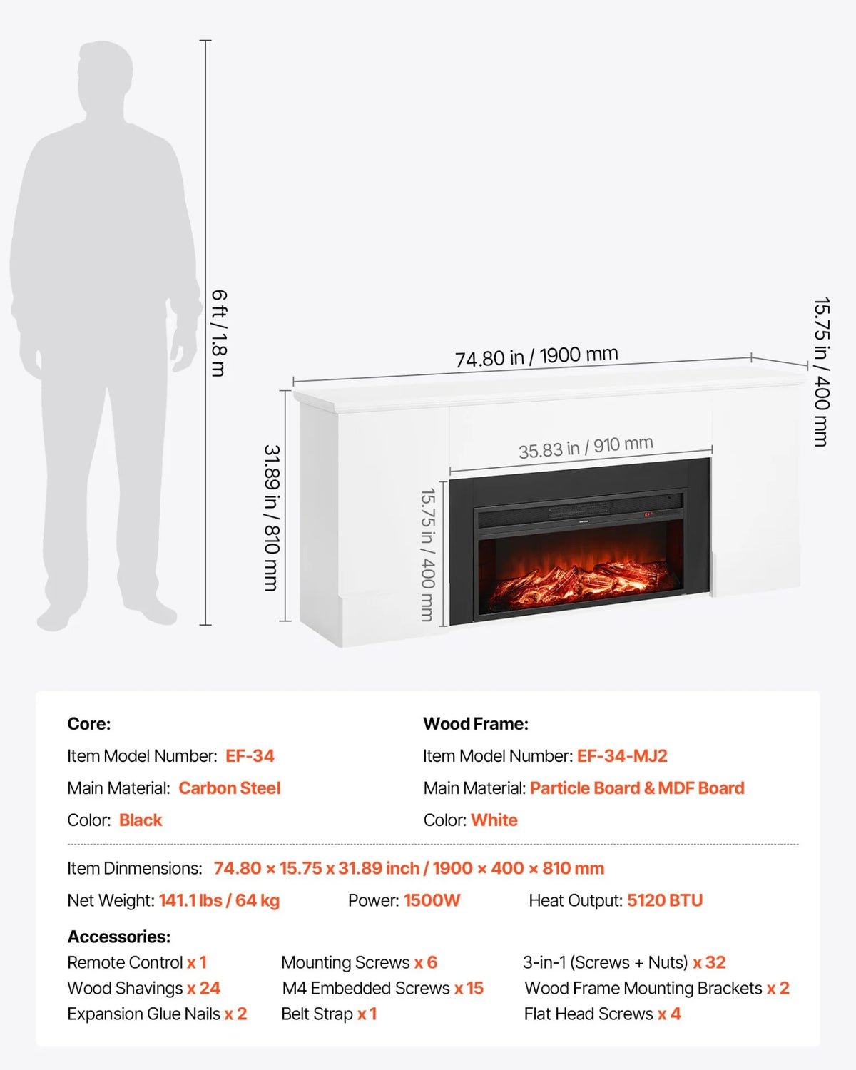 VEVOR 75 inch Freestanding Fireplaces, 1500W 5120BTU Fake Electric Fireplace Stove Heater with Mantel, Overheating Protection, Adjustable Flames,Timer, Remote, for Living Room,Bedroom,White - View 7