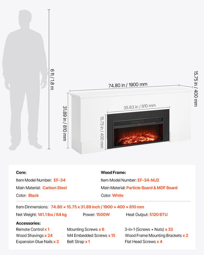 VEVOR 75 inch Freestanding Fireplaces, 1500W 5120BTU Fake Electric Fireplace Stove Heater with Mantel, Overheating Protection, Adjustable Flames,Timer, Remote, for Living Room,Bedroom,White - View 7