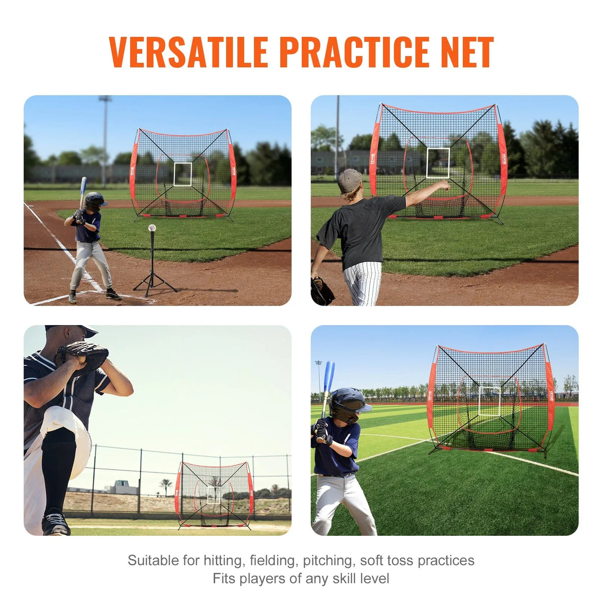 VEVOR 7x7 ft Baseball Softball Practice Net, Portable Baseball Training Net for Hitting Batting Catching Pitching, Backstop Baseball Equipment Training Aids with Strike Zone - View 4