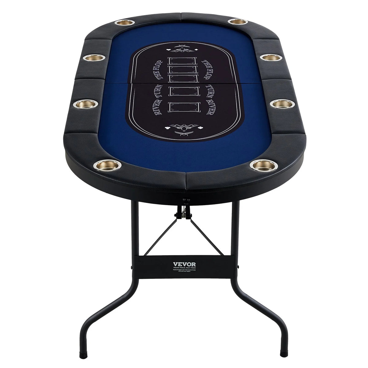 VEVOR 8 Player Foldable Poker Table, Blackjack Texas Holdem Poker Table with Padded Rails and Stainless Steel Cup Holders, Portable Folding Card Board Game Table, 72" Oval Casino Leisure Table, Blue - View 2