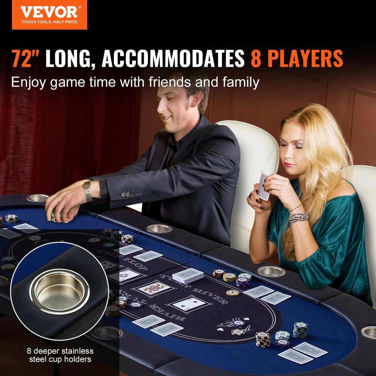 VEVOR 8 Player Foldable Poker Table, Blackjack Texas Holdem Poker Table with Padded Rails and Stainless Steel Cup Holders, Portable Folding Card Board Game Table, 72" Oval Casino Leisure Table, Blue - View 3