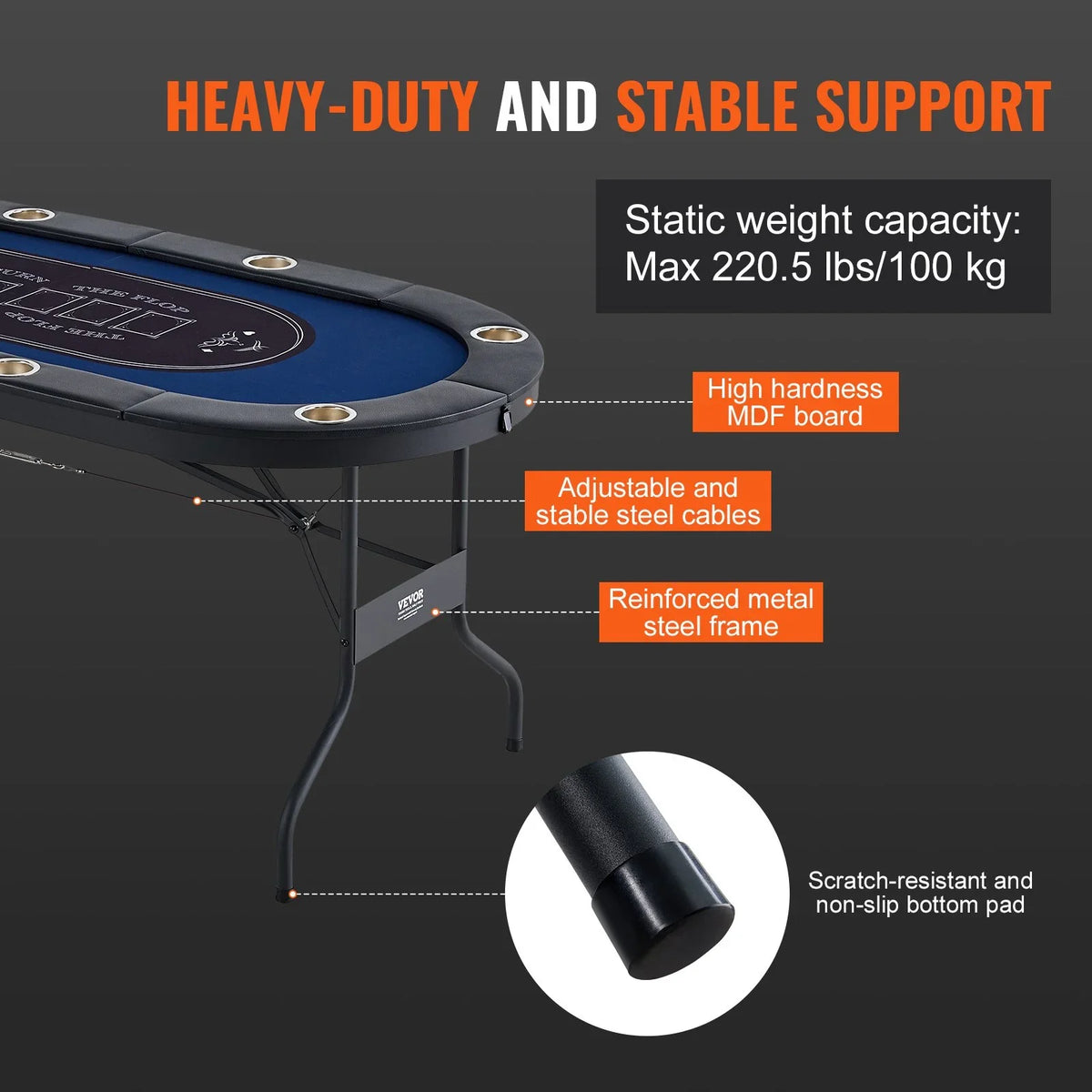 VEVOR 8 Player Foldable Poker Table, Blackjack Texas Holdem Poker Table with Padded Rails and Stainless Steel Cup Holders, Portable Folding Card Board Game Table, 72" Oval Casino Leisure Table, Blue - View 7