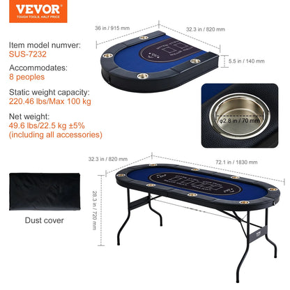 VEVOR 8 Player Foldable Poker Table, Blackjack Texas Holdem Poker Table with Padded Rails and Stainless Steel Cup Holders, Portable Folding Card Board Game Table, 72" Oval Casino Leisure Table, Blue - View 8