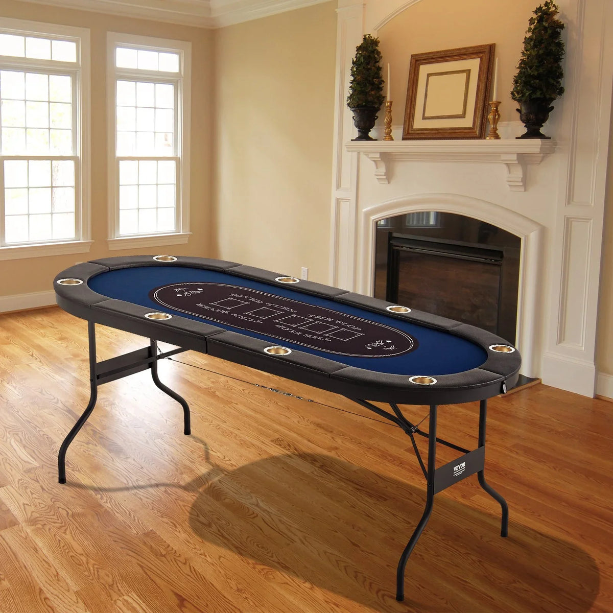 VEVOR 8 Player Foldable Poker Table, Blackjack Texas Holdem Poker Table with Padded Rails and Stainless Steel Cup Holders, Portable Folding Card Board Game Table, 72" Oval Casino Leisure Table, Blue - View 9