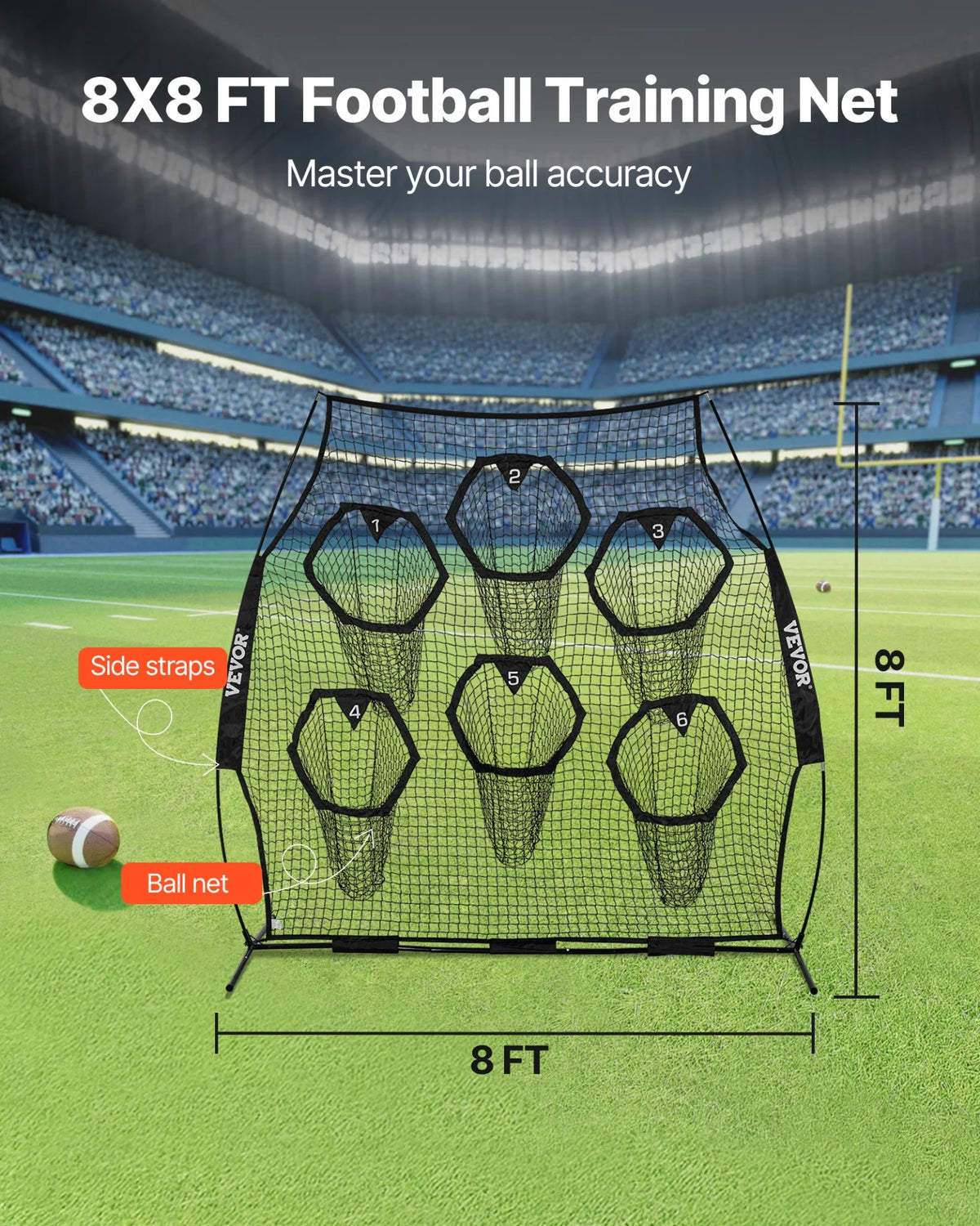 VEVOR 8 x 8 ft Football Trainer Throwing Net, Training Throwing Target Practice Net with 6 Target Pockets, Knotless Net Includes Straps and Portable Carry Case, Improve QB Throwing Accuracy, Black - View 3