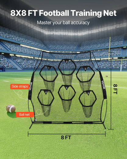 VEVOR 8 x 8 ft Football Trainer Throwing Net, Training Throwing Target Practice Net with 6 Target Pockets, Knotless Net Includes Straps and Portable Carry Case, Improve QB Throwing Accuracy, Black - View 3