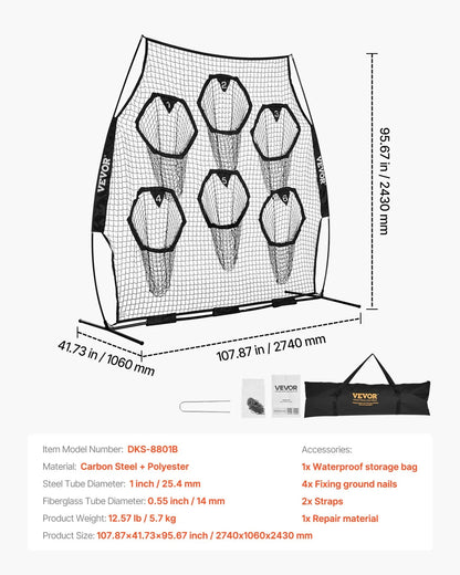 VEVOR 8 x 8 ft Football Trainer Throwing Net, Training Throwing Target Practice Net with 6 Target Pockets, Knotless Net Includes Straps and Portable Carry Case, Improve QB Throwing Accuracy, Black - View 7