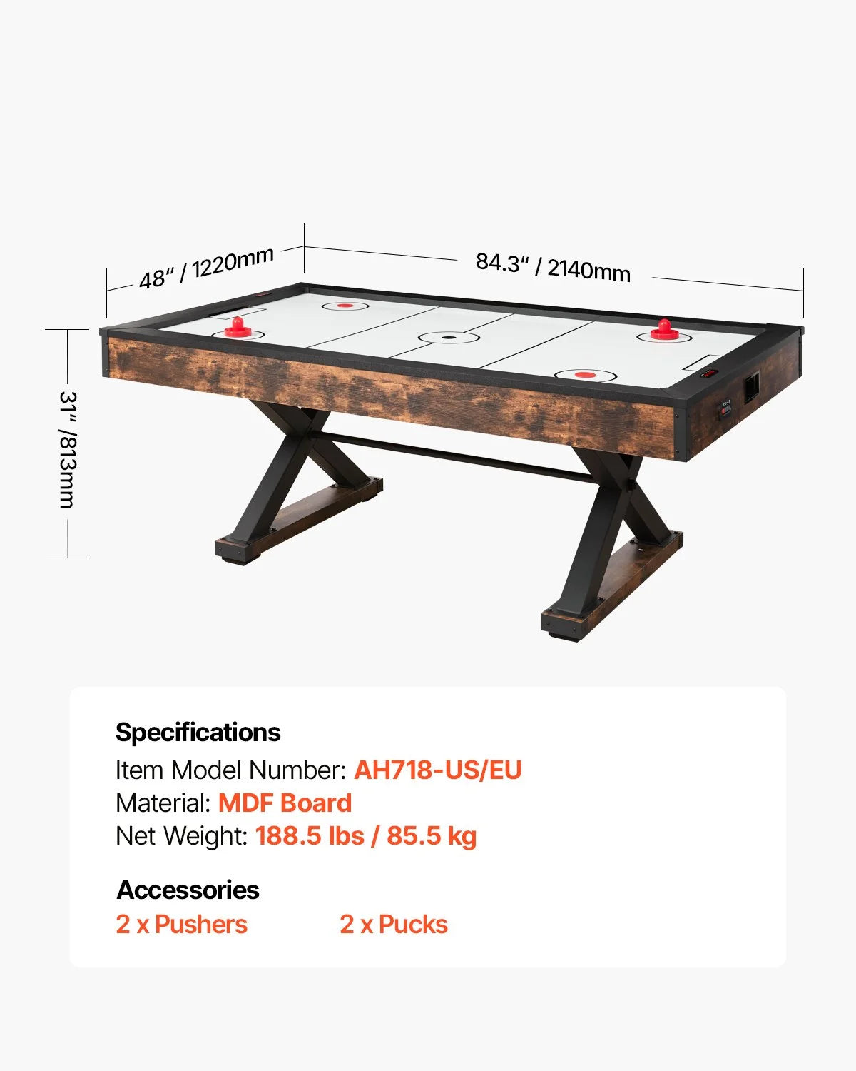 VEVOR 84" Air Hockey Table, Indoor Arcade Table Gaming Set with 2 Pushers, 2 Pucks, Electronic Scorer, X-shaped Legs & High-powered Blower, Air Powered Hockey Game Table for Family Game Room Office - View 6