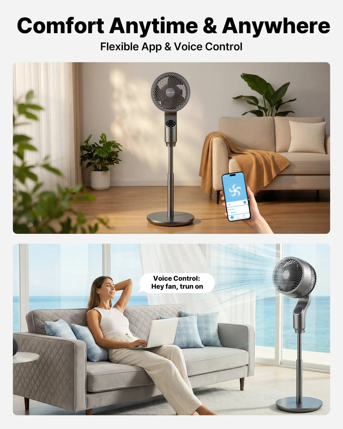 VEVOR 9-Inch Pedestal Fan, 80° Oscillating Standing Floor Fan with Quite DC Motor, Remote Control, 9 Speeds & 4 Smart Modes, 24H Timer, Adjustable Height, for Home, Bedroom, Living Room, Silver Gray - View 5