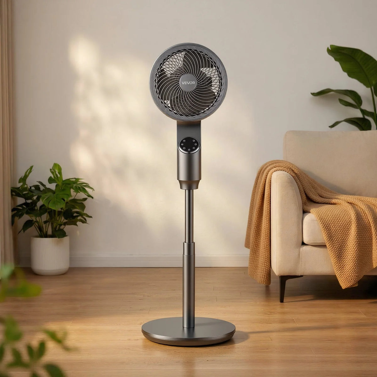 VEVOR 9-Inch Pedestal Fan, 80° Oscillating Standing Floor Fan with Quite DC Motor, Remote Control, 9 Speeds & 4 Smart Modes, 24H Timer, Adjustable Height, for Home, Bedroom, Living Room, Silver Gray - View 7