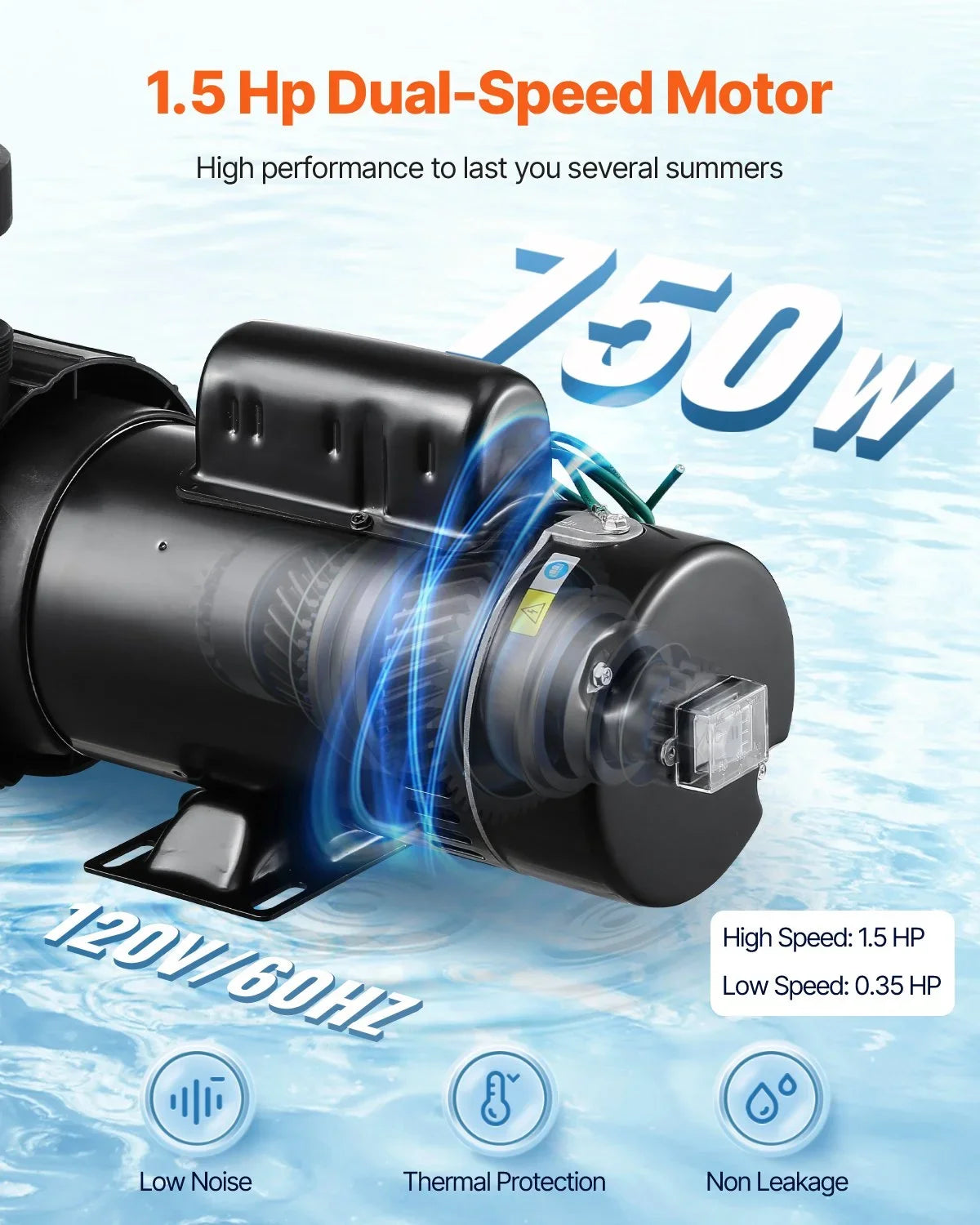 VEVOR Above Ground Pool Pump, 1.5HP/0.35HP, Dual Speed Swimming Pool Pump, High 110 GPM 54 ft Lift, Low 52 GPM 14 ft Lift, 110V 3450 RPM with Strainer Basket, 122°F Max Water Temp, for Hot Tubs Spas - View 3