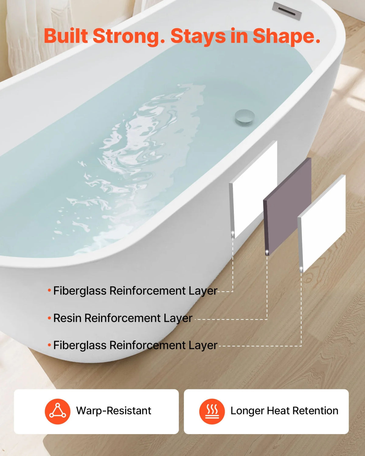 VEVOR Acrylic Freestanding Bathtub, 67 Inch Contemporary Soaking White Tub with Brushed Nickel Overflow and Drain, Elegant Oval Shape Stand Alone Soaker Bathtub for Modern Bathroom or Remodel Project - View 4