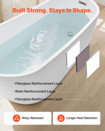 VEVOR Acrylic Freestanding Bathtub, 67 Inch Contemporary Soaking White Tub with Brushed Nickel Overflow and Drain, Elegant Oval Shape Stand Alone Soaker Bathtub for Modern Bathroom or Remodel Project - View 4