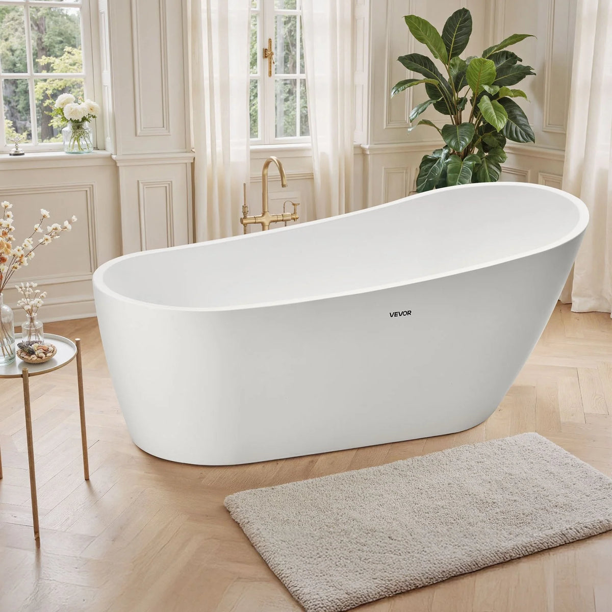 VEVOR Acrylic Freestanding Bathtub, 67 Inch Contemporary Soaking White Tub with Brushed Nickel Overflow and Drain, Elegant Oval Shape Stand Alone Soaker Bathtub for Modern Bathroom or Remodel Project - View 7