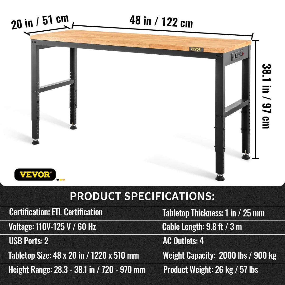 VEVOR Adjustable Workbench, 2000 lbs Capacity, 48 x 20-inch Heavy Duty Work Bench with 28.5-38.3 Inches Height Adjustment, Garage Workbench with Power Outlets, Suitable for Office, Garage, Workshop - View 7