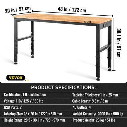 VEVOR Adjustable Workbench, 2000 lbs Capacity, 48 x 20-inch Heavy Duty Work Bench with 28.5-38.3 Inches Height Adjustment, Garage Workbench with Power Outlets, Suitable for Office, Garage, Workshop - View 7