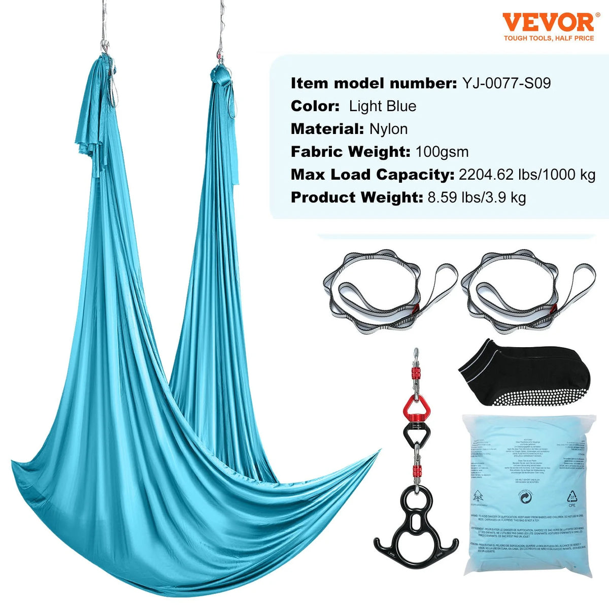VEVOR Aerial Silk & Yoga Swing, 11 Yards, Aerial Yoga Hammock Kit with 100gsm Nylon Fabric, Full Rigging Hardware & Easy Set-up Guide, Antigravity Flying for All Levels Fitness Bodybuilding, Blue - View 13