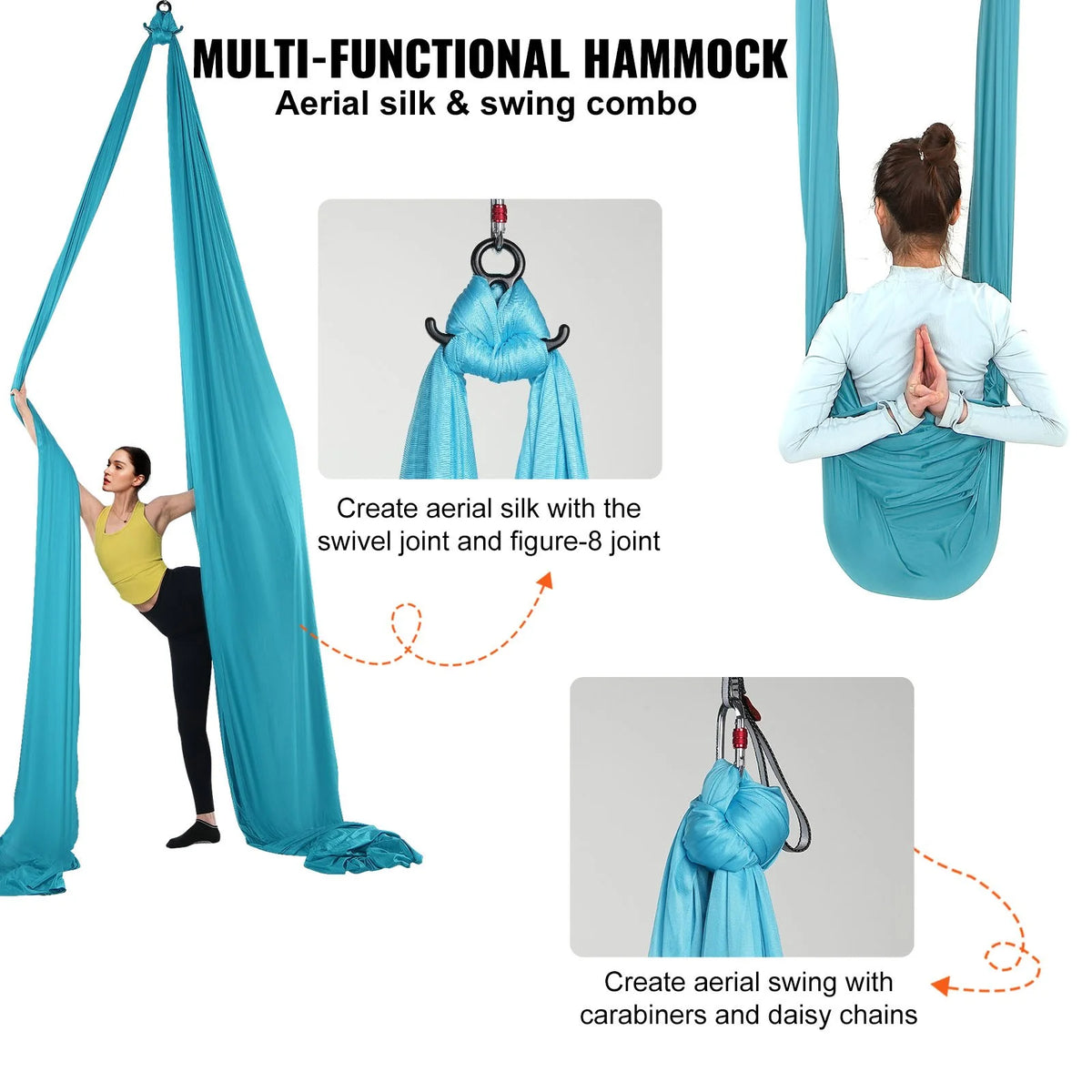 VEVOR Aerial Silk & Yoga Swing, 11 Yards, Aerial Yoga Hammock Kit with 100gsm Nylon Fabric, Full Rigging Hardware & Easy Set-up Guide, Antigravity Flying for All Levels Fitness Bodybuilding, Blue - View 3