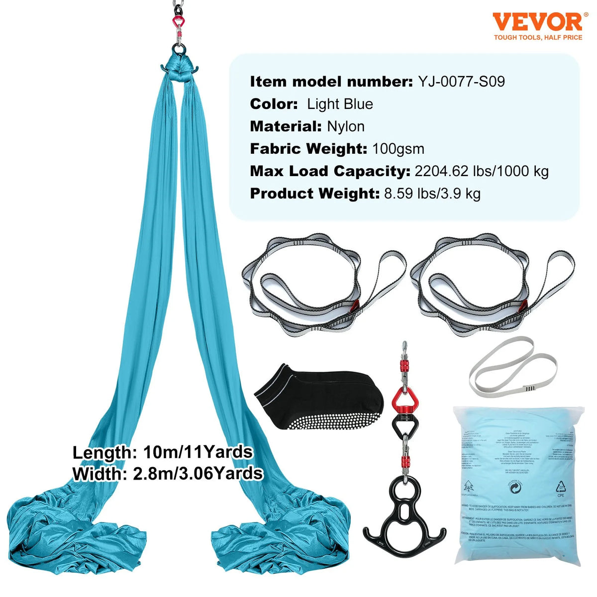 VEVOR Aerial Silk & Yoga Swing, 11 Yards, Aerial Yoga Hammock Kit with 100gsm Nylon Fabric, Full Rigging Hardware & Easy Set-up Guide, Antigravity Flying for All Levels Fitness Bodybuilding, Blue - View 5