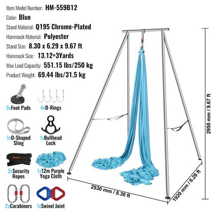 VEVOR Aerial Yoga Frame & Yoga Hammock, 9.67 ft Height Professional Yoga Swing Stand Comes with 13.1 Yards Aerial Hammock, Max 551.15 lbs Load Capacity Yoga Rig for Indoor Outdoor Aerial Yoga, Blue - View 10