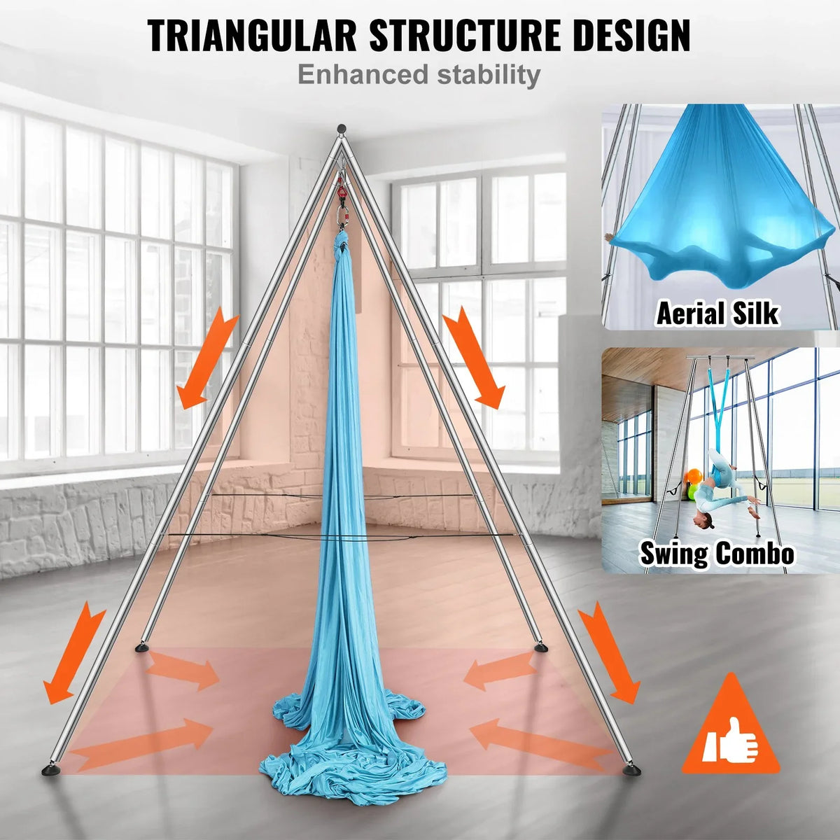 VEVOR Aerial Yoga Frame & Yoga Hammock, 9.67 ft Height Professional Yoga Swing Stand Comes with 13.1 Yards Aerial Hammock, Max 551.15 lbs Load Capacity Yoga Rig for Indoor Outdoor Aerial Yoga, Blue - View 2