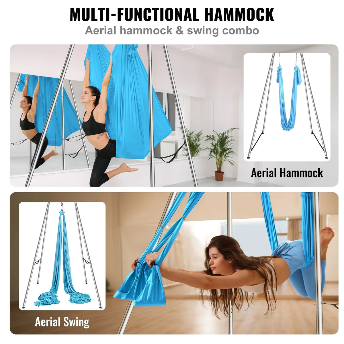 VEVOR Aerial Yoga Frame & Yoga Hammock, 9.67 ft Height Professional Yoga Swing Stand Comes with 13.1 Yards Aerial Hammock, Max 551.15 lbs Load Capacity Yoga Rig for Indoor Outdoor Aerial Yoga, Blue - View 3