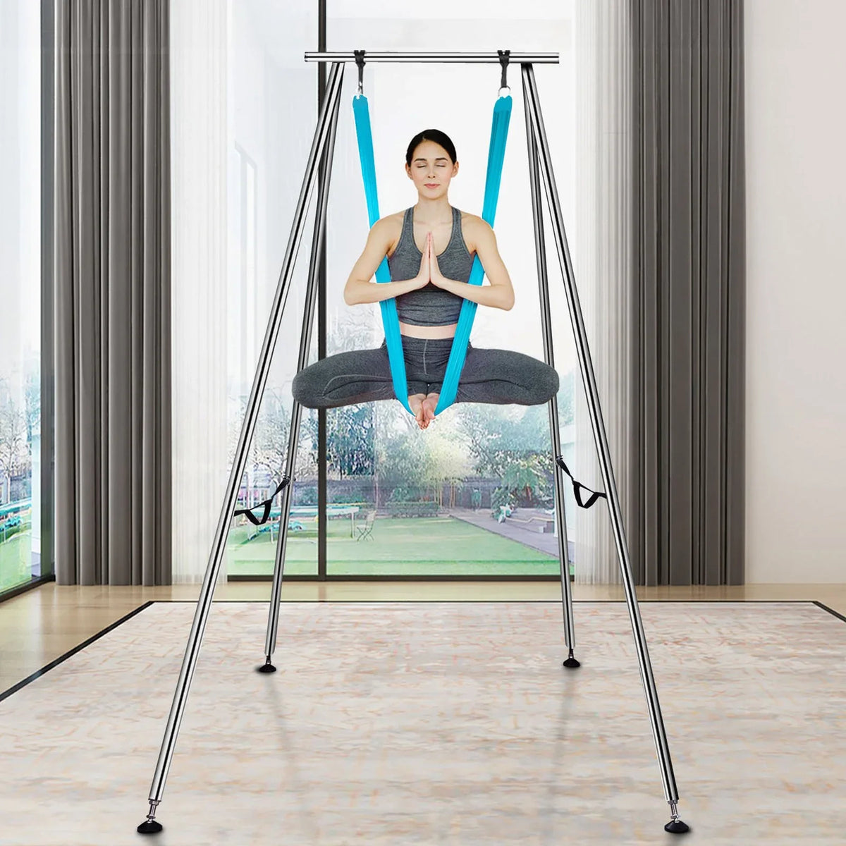VEVOR Aerial Yoga Frame & Yoga Hammock, 9.67 ft Height Professional Yoga Swing Stand Comes with 13.1 Yards Aerial Hammock, Max 551.15 lbs Load Capacity Yoga Rig for Indoor Outdoor Aerial Yoga, Blue - View 4