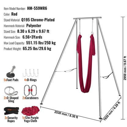 VEVOR Aerial Yoga Frame & Yoga Hammock, 9.67 ft Height Professional Yoga Swing Stand Comes with 6.6 Yards Aerial Hammock, Max 551.15 lbs Load Capacity, Yoga Rig for Indoor Outdoor Aerial Yoga, Red - View 7