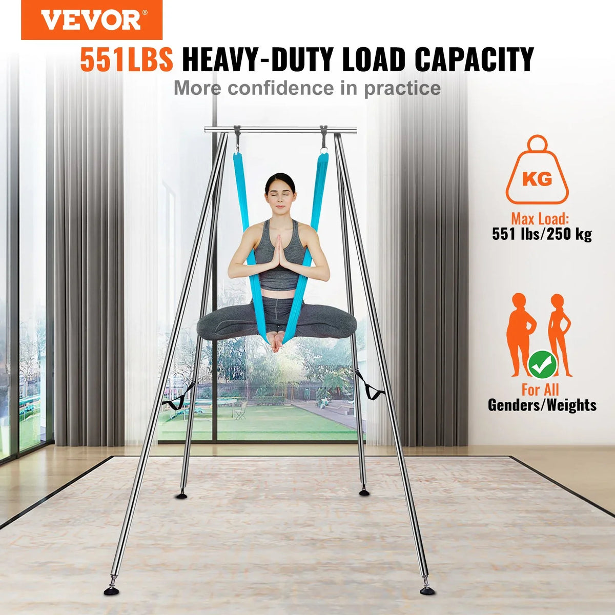 VEVOR Aerial Yoga Frame & Yoga Hammock, 9.67 ft Height Professional Yoga Swing Stand Comes with 13.1 Yards Aerial Hammock, Max 551.15 lbs Load Capacity Yoga Rig for Indoor Outdoor Aerial Yoga, Blue - View 8