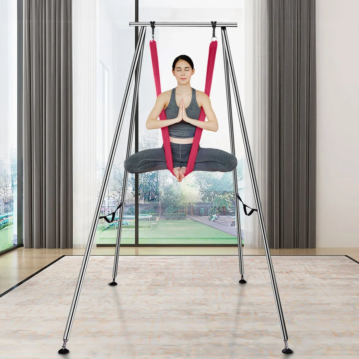 VEVOR Aerial Yoga Frame & Yoga Hammock, 9.67 ft Height Professional Yoga Swing Stand Comes with 6.6 Yards Aerial Hammock, Max 551.15 lbs Load Capacity, Yoga Rig for Indoor Outdoor Aerial Yoga, Red - View 8