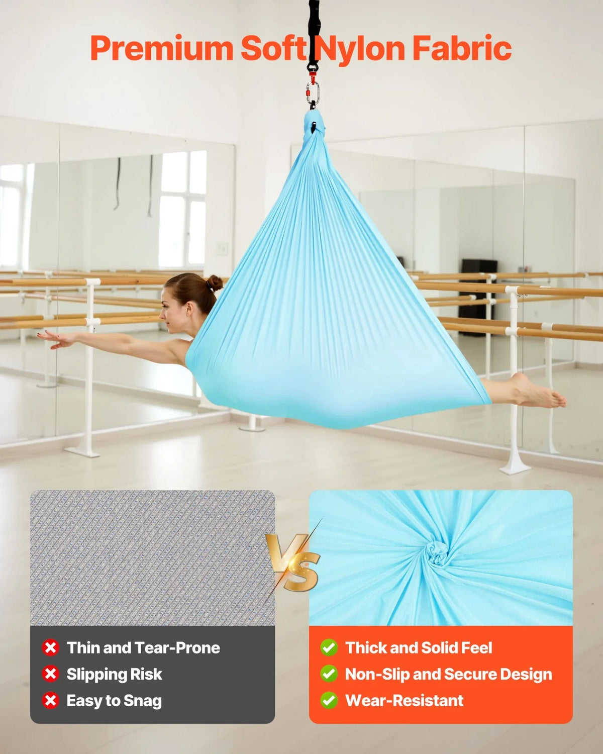 VEVOR Aerial Yoga Hammock, Maximum 300 lbs Load Aerial Silk, Yoga Swing with Nylon Fabric, Daisy Rope, PE Zipper Bag, Gymnastics Swings Suitable for Men and Women, Dual-Function Hammock & Swing - View 2