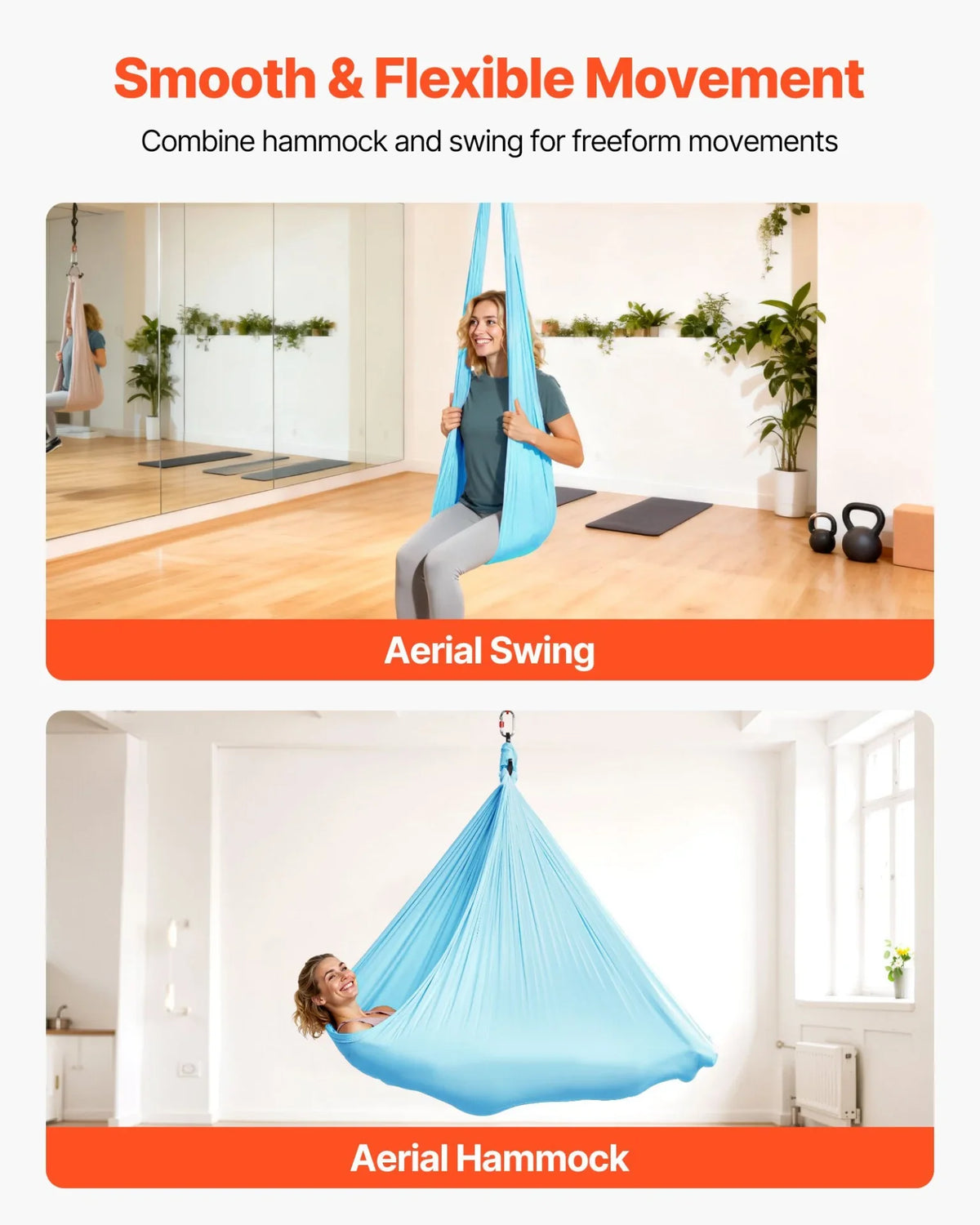 VEVOR Aerial Yoga Hammock, Maximum 300 lbs Load Aerial Silk, Yoga Swing with Nylon Fabric, Daisy Rope, PE Zipper Bag, Gymnastics Swings Suitable for Men and Women, Dual-Function Hammock & Swing - View 4