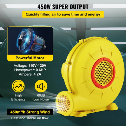 VEVOR Air Blower, 450W 0.6HP Inflatable Blower, Portable and Powerful Bounce House Blower, 1750Pa Commercial Air Blower Pump Fan, Used for Inflatable Bouncy Castle and Jump Slides, Yellow - View 2