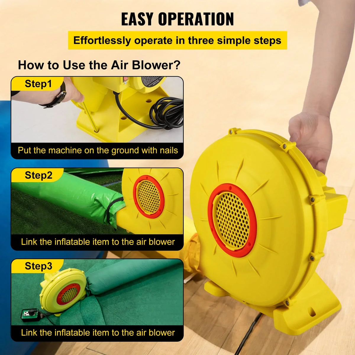 VEVOR Air Blower, 450W 0.6HP Inflatable Blower, Portable and Powerful Bounce House Blower, 1750Pa Commercial Air Blower Pump Fan, Used for Inflatable Bouncy Castle and Jump Slides, Yellow - View 5
