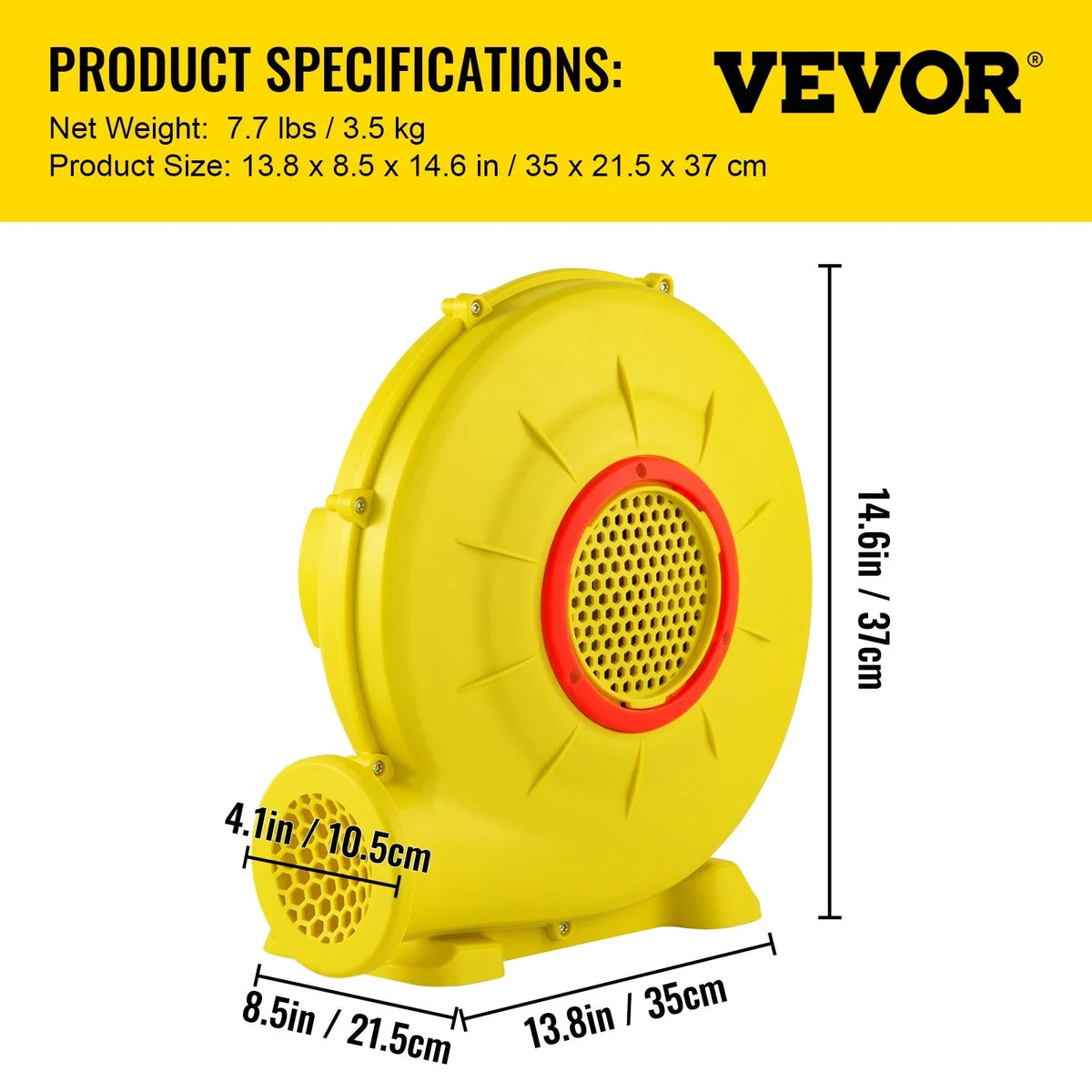 VEVOR Air Blower, 450W 0.6HP Inflatable Blower, Portable and Powerful Bounce House Blower, 1750Pa Commercial Air Blower Pump Fan, Used for Inflatable Bouncy Castle and Jump Slides, Yellow - View 6