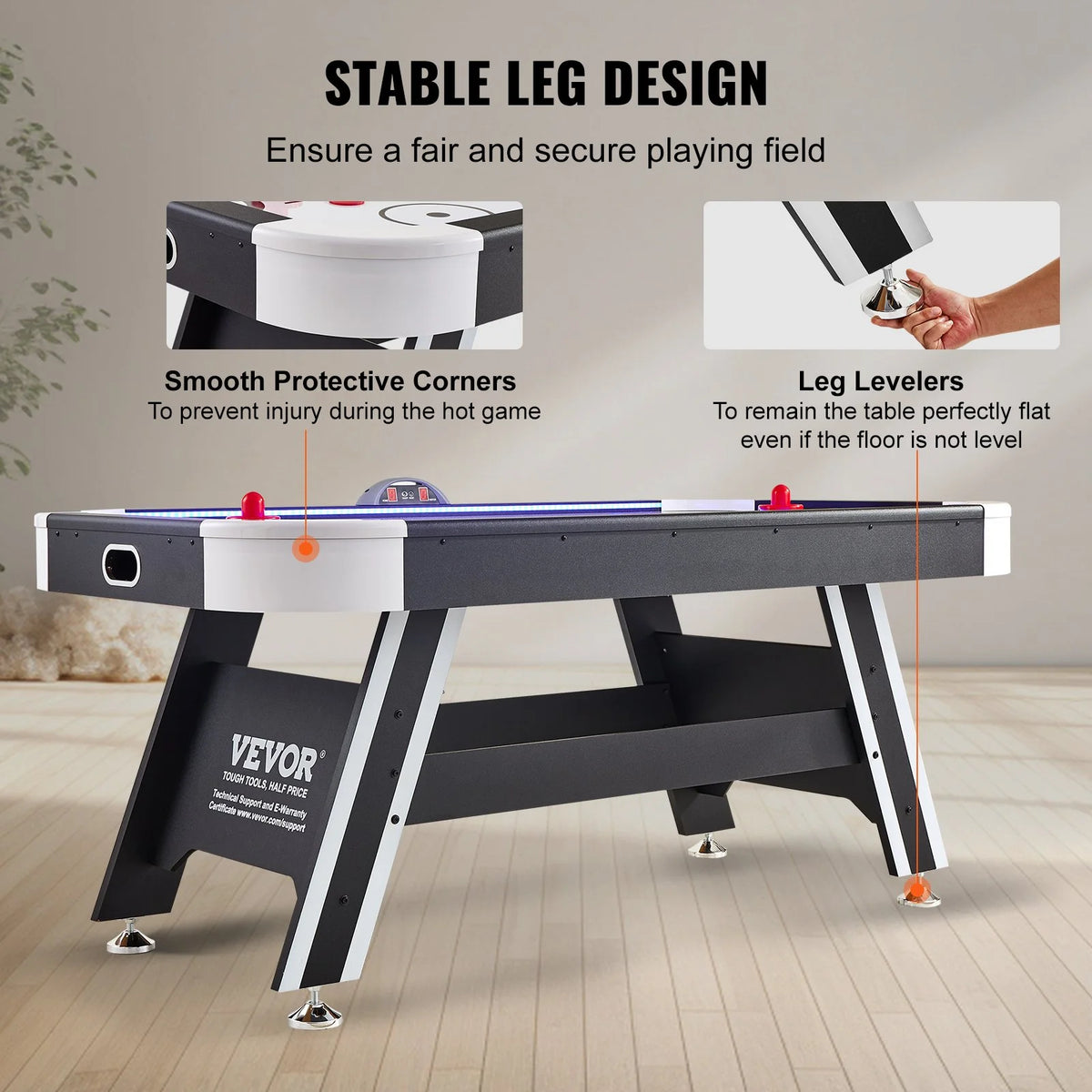 VEVOR Air-Powered Hockey Table, 72" Indoor Hockey Table for Kids and Adults, LED Sports Hockey Game with 2 Pucks, 2 Pushers, and Electronic Score System, Arcade Gaming Set for Game Room Family Home - View 3