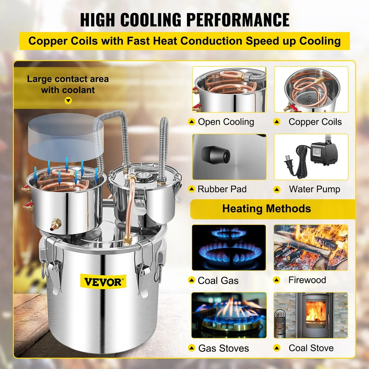 VEVOR Alcohol Still, 13.2Gal / 50L Stainless Steel Water Alcohol Distiller Copper Tube Home Brewing Kit Build-in Thermometer for DIY Whisky Wine Brandy, Silver - View 3